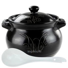 INPHIC-陶瓷燉煲燉鍋砂鍋湯煲5升刻花（黑色款）贈大湯勺