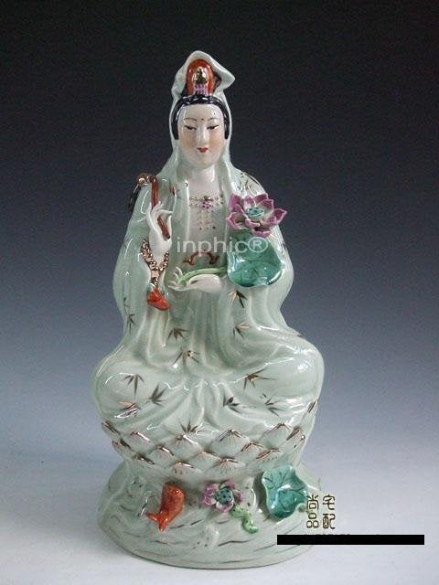 INPHIC-佛像 持如意 坐蓮觀音像 （景德鎮鎮宅佛像類擺飾擺設） 手工陶瓷