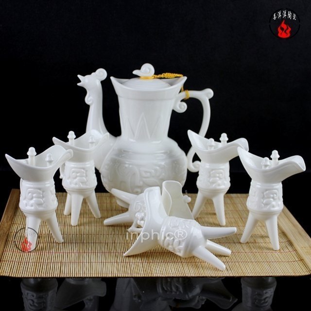 INPHIC-陶瓷復古酒具套裝 古代酒壺酒杯 7頭白色爵杯瓷 酒爵酒盅