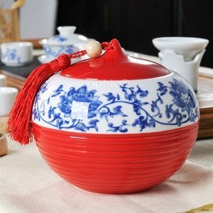 INPHIC-紅色陶瓷青花茶葉罐 存茶罐 紅色青花收納罐零食乾果罐