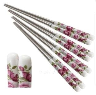 INPHIC-陶瓷餐具玫瑰之約陶瓷手柄優質不鏽鋼筷環保筷子(9雙)