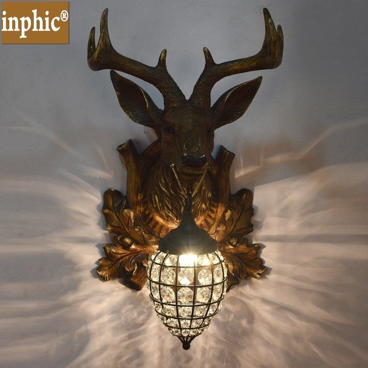 INPHIC-式鄉村復古餐廳壁燈臥室壁燈北歐創意手工水晶壁燈鹿角壁燈 37cm