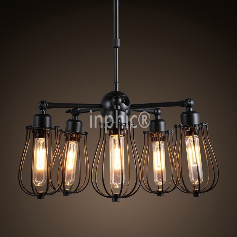 INPHIC-美式復古loft工業風鐵籠多頭吊燈 咖啡店酒吧五頭黑色鐵藝吊燈