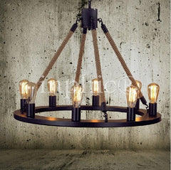 INPHIC-復古美式鄉村鐵藝吊燈麻繩工業咖啡廳酒店客廳燭臺吊燈燈具 4頭圓形