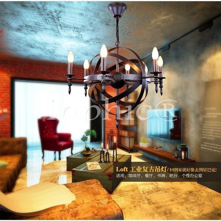 INPHIC-美式鐵藝吊燈Loft復古工業風客廳餐廳吊燈咖啡廳蠟燭吊燈 8頭黑色