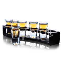 INPHIC-茶具 黑色木質S形子彈杯架木質杯架 6個吞杯+杯架套裝 小烈酒杯杯架