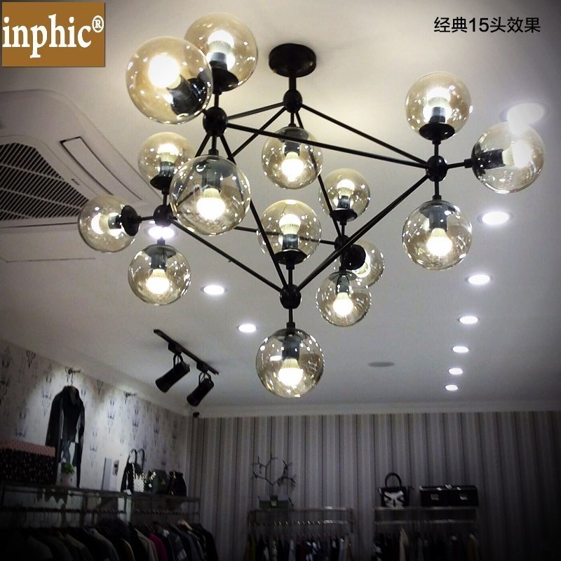 INPHIC-美式北歐創意藝術服裝店辦公臥室餐客廳創意個性玻璃魔豆別墅吊燈 15頭半電鍍3瓦LED茶色燈罩