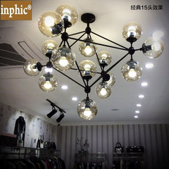 INPHIC-美式北歐創意藝術服裝店辦公臥室餐客廳創意個性玻璃魔豆別墅吊燈 15頭半電鍍3瓦LED茶色燈罩
