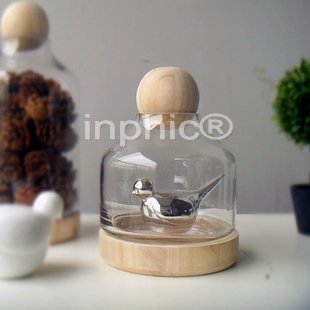 INPHIC-現代簡約 木製底座球形蓋玻璃罩 儲物罐 乾花裝飾透明瓶小款