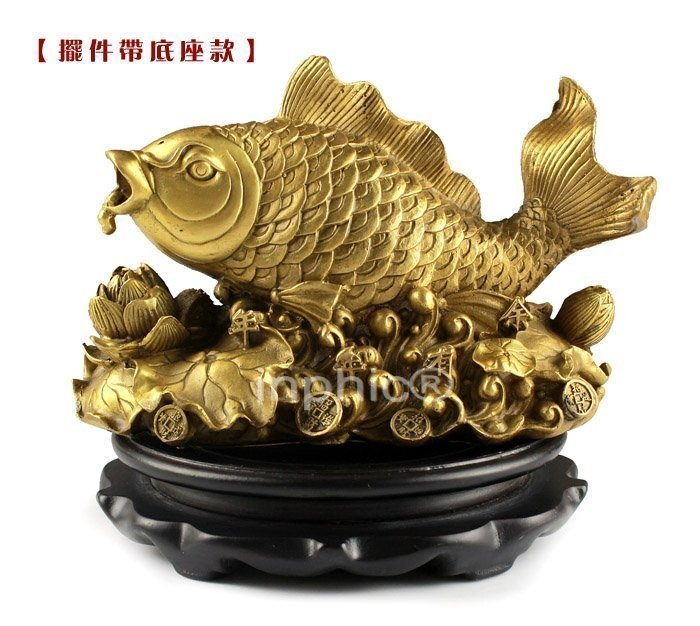 INPHIC-開運 開光銅錦鯉吐珠金卡擺件招財旺財助事業鯉躍蓮臺吉祥物(送底座)