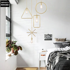 INPHIC-幾何北歐吊燈設計師藝術創意燈具餐廳酒吧服裝店簡約中式鐵藝吊燈正方形-金色