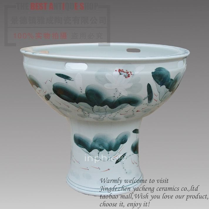 INPHIC-陶瓷器 荷花手繪特大帶底座魚缸 水族箱 生態 景德鎮