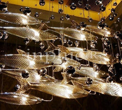 INPHIC-簡約現代酒店工程餐廳燈客廳吧臺玻璃飛魚吊燈別墅會所LED魚群燈 50*18長方形-3條魚